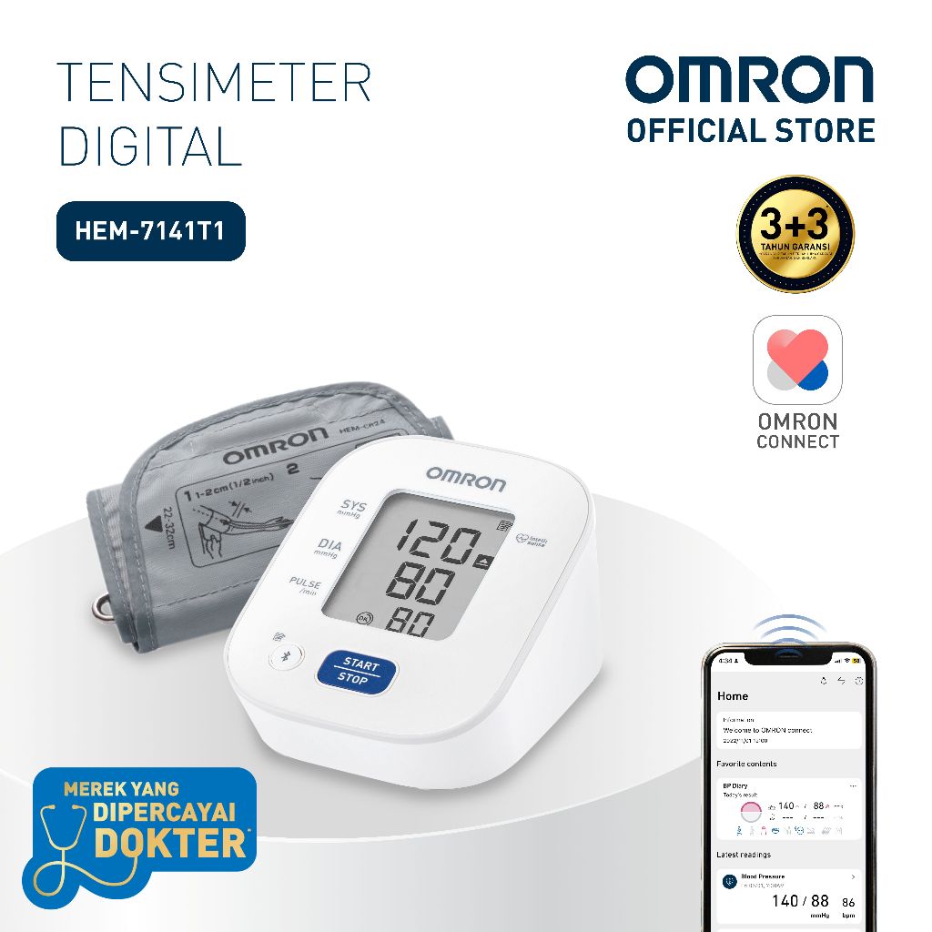 Omron HEM-7141T Tensimeter Digital Tekanan Darah Bluetooth IntelliSense Izin Edar BPOM