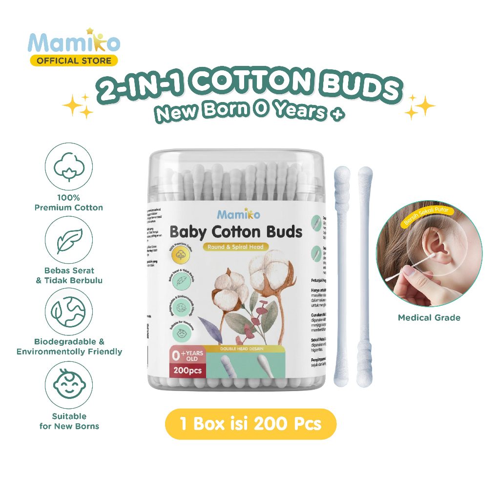 Mamiko Cotton Buds 2in1 Spiral Oval Pembersih Telinga Bayi Anak 200pcs Foto 5