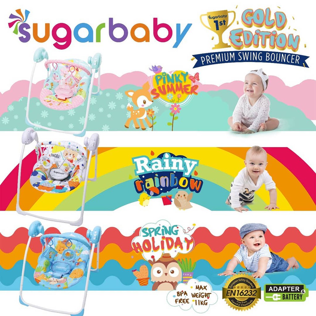 Ayunan Bayi Otomatis Sugar Baby Gold Edition Premium Swing Bouncer Motif Rainy Rainbow Putih Foto 3