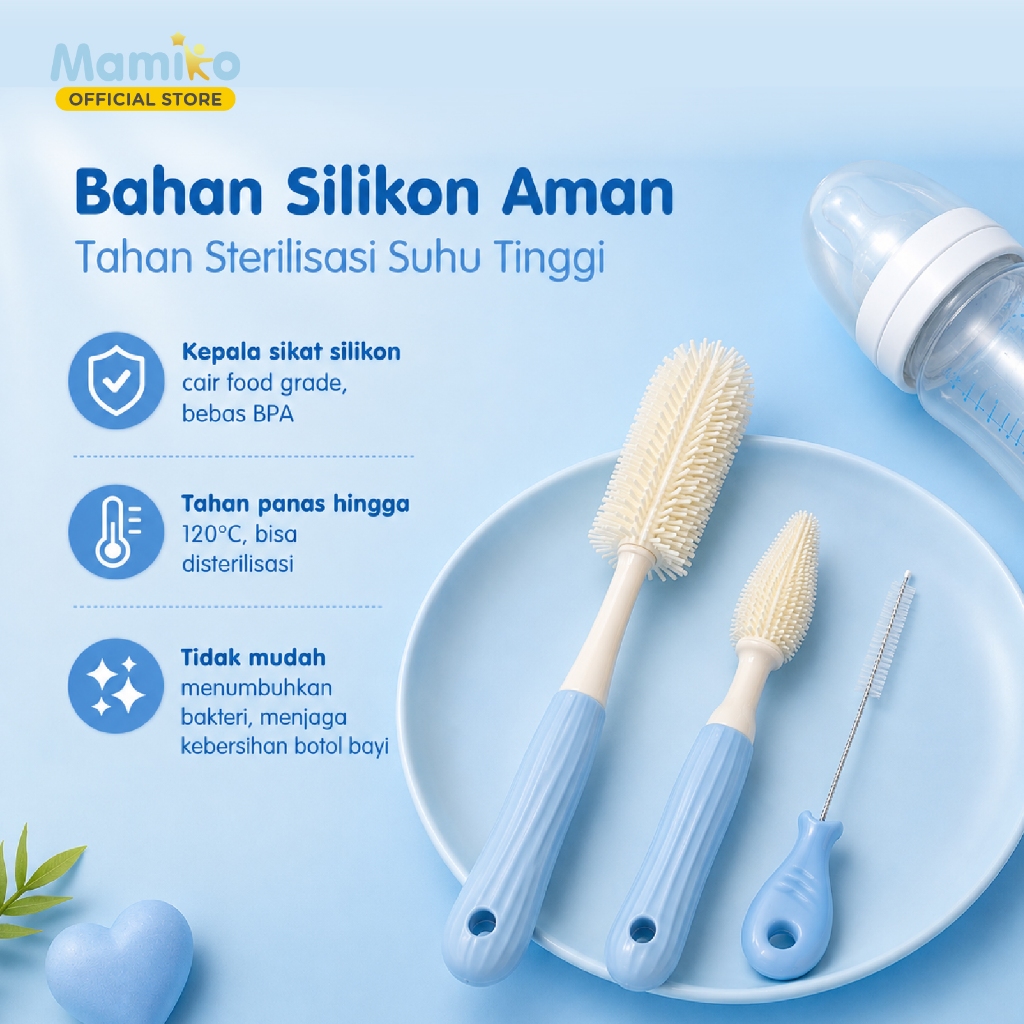 Mamiko Silicone Bottle Brush 3in1 Sikat Botol Dot Sedotan BPA Free Warna Biru
