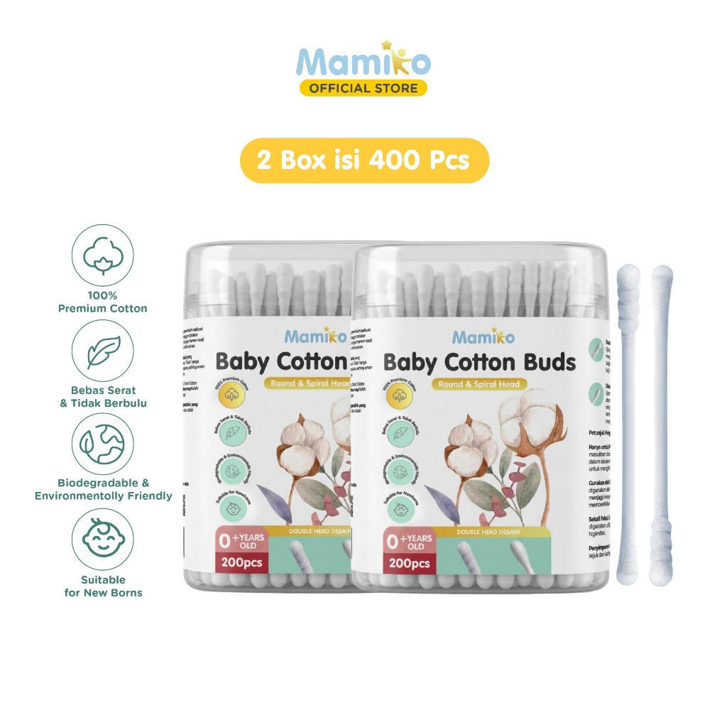 Mamiko Cotton Buds 2in1 Spiral Oval Pembersih Telinga Bayi Anak 200pcs Foto 6