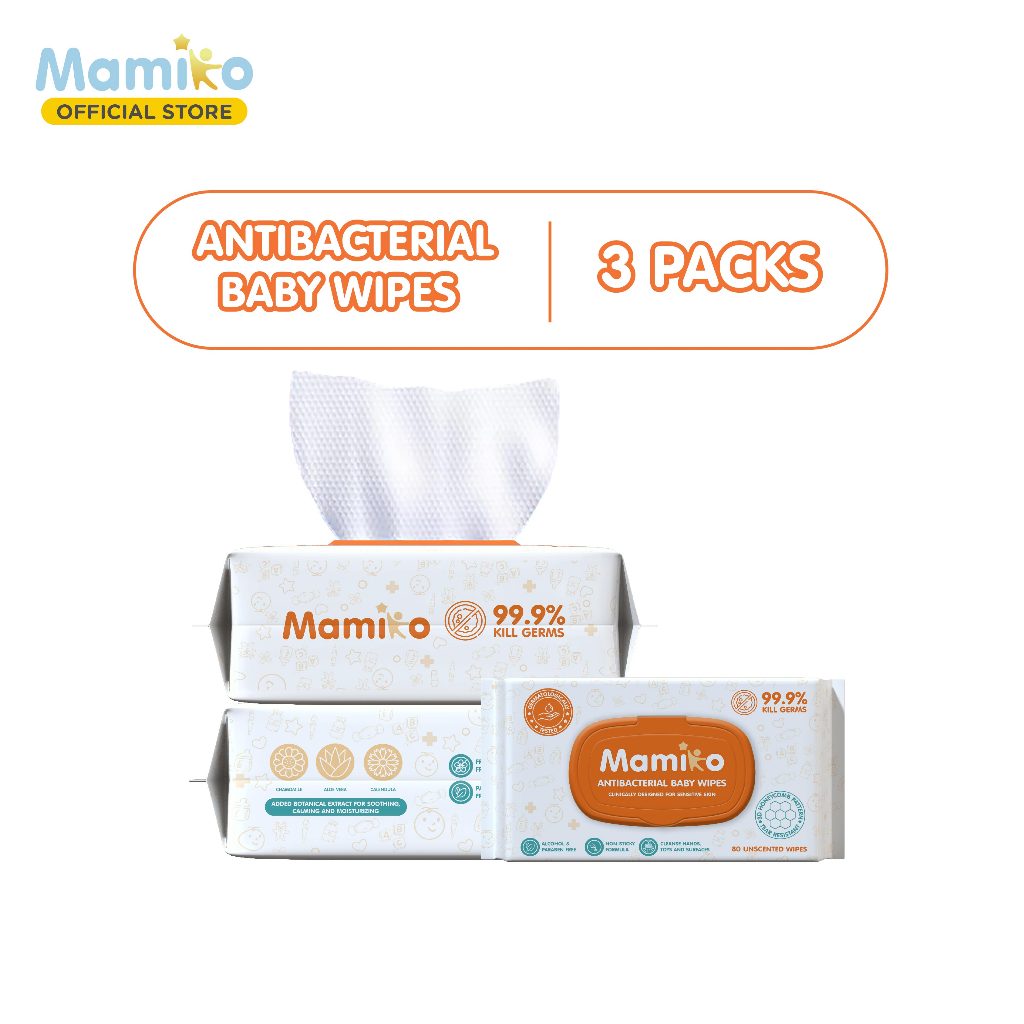 Mamiko Antibacterial Baby Wipes 80s Paket Hemat 3 Pack Tisu Basah Anti Bakteri Foto 5