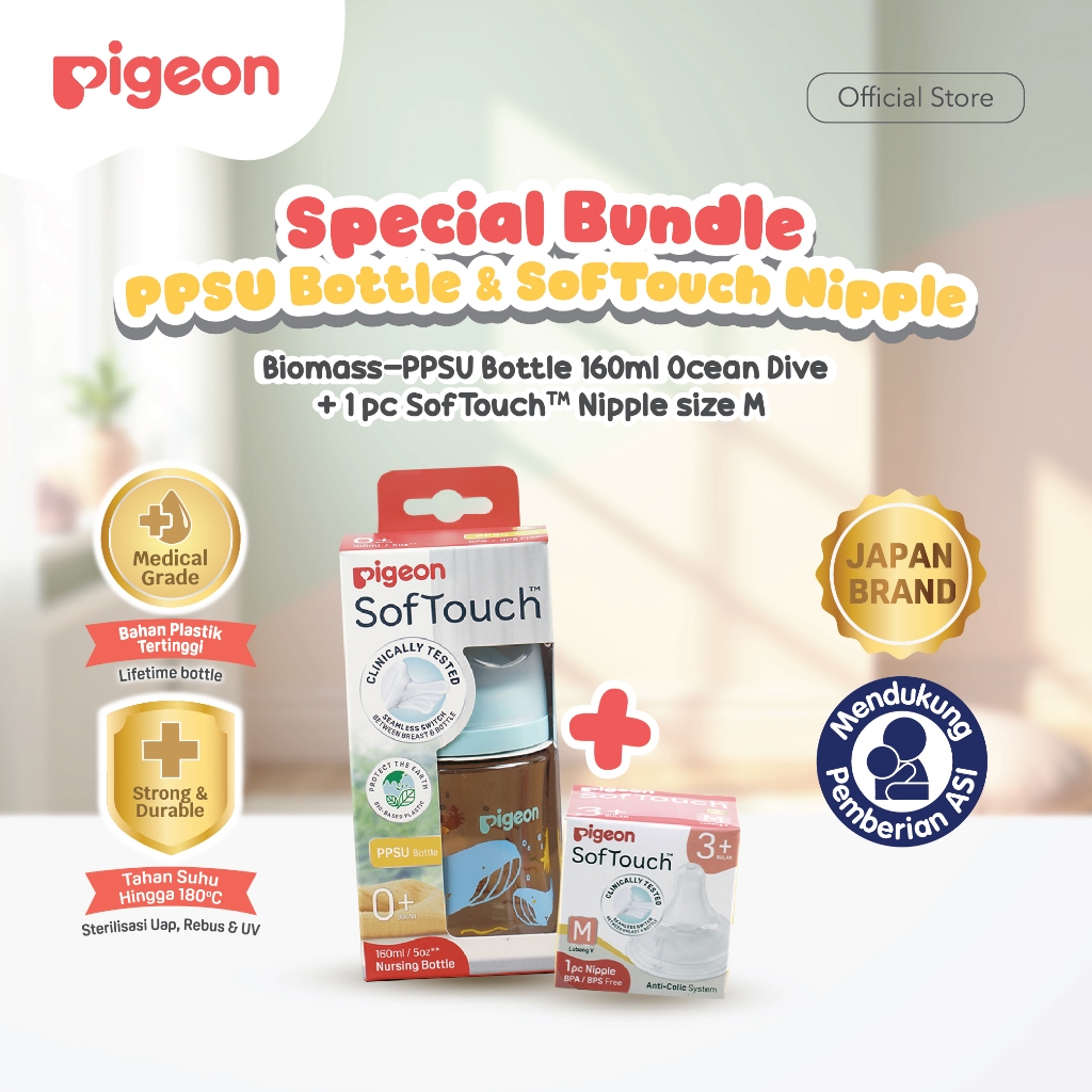Pigeon Biomass-PPSU Wide Neck Botol Susu Bayi 160ml dengan SofTouch Nipple Size M Anti Foto 2