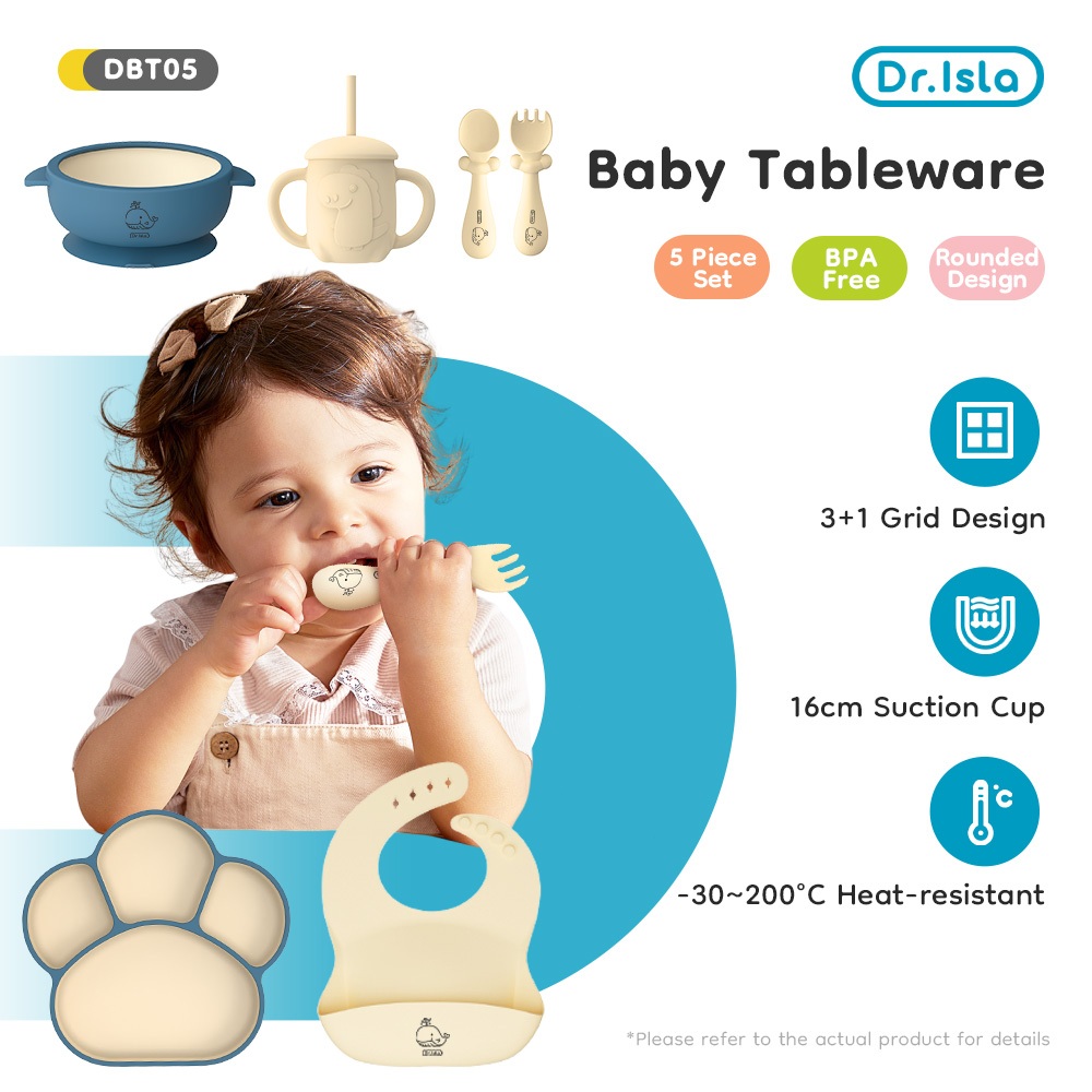 Dr.isla Set Perlengkapan Makan Bayi 7 Pcs BT05 Piring Mangkuk Celemek Sendok Garpu BPA Foto 2