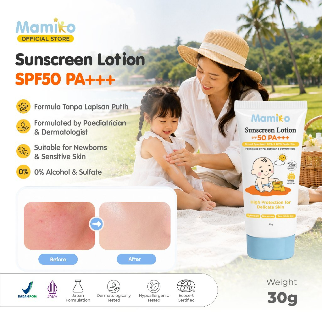 Mamiko Sunscreen Lotion SPF50 PA+++ 30g Broad Spectrum untuk Bayi Baru Lahir & Kulit