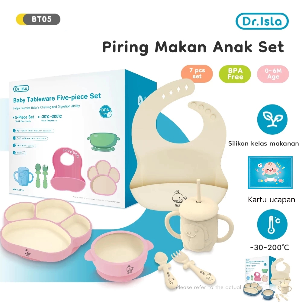 Set Makan Bayi Dr.isla BT05 7Pcs Piring Mangkuk Celemek Botol Sendok Garpu Foto 2