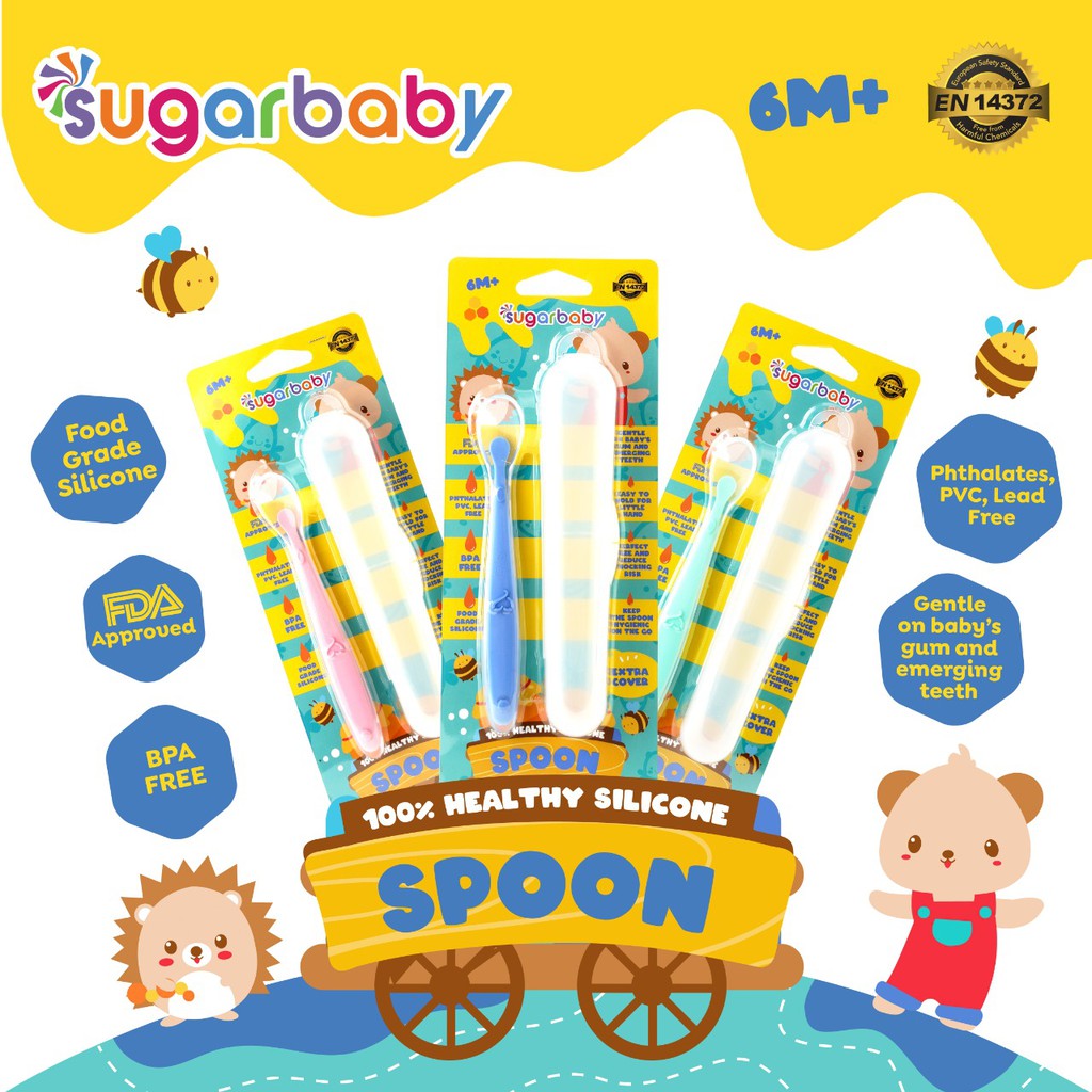 Sendok Makan Bayi SUGAR BABY Healthy Silicone Spoon With Cover Pink Food Grade Foto 3