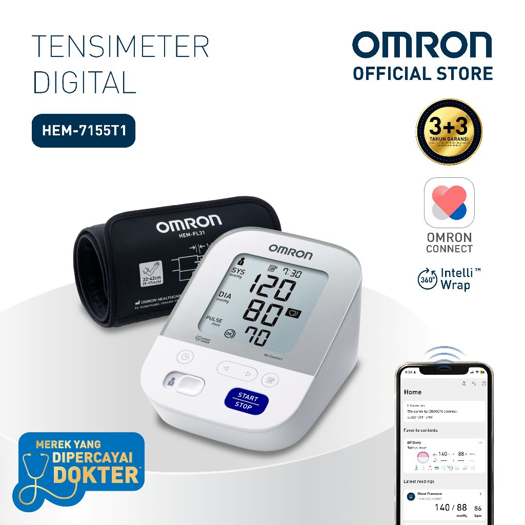 Omron Tensimeter Digital HEM-7155T Blood Pressure Monitor Lengan Atas Bluetooth IntelliWrap Foto 6